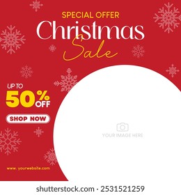 Christmas special offer sale with snowflakes and image placement on the right corner. Vector illustration template for social media promotion, banner and poster.