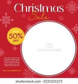 Christmas special offer sale with snowflakes and circle image placement. Vector illustration template for social media promotion, banner and poster.