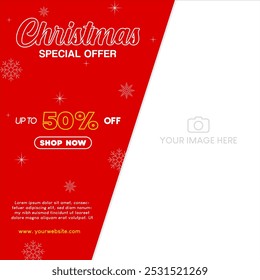 Christmas special offer with snowflakes and image placement on the right. Vector illustration template for social media promotion, banner and poster.