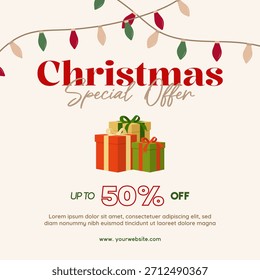 Navidades oferta especial con lámparas de cadena y regalos. Plantilla de venta de Navidades de Ilustración vectorial para promoción de redes sociales, Anuncio, póster y evento de compras. 