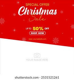 Christmas special sale with snowflakes and image placement below. Vector illustration template for social media promotion, banner and poster.