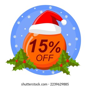 Christmas special sale tag with 15% fifteen percent off, vector illustration, ball ornament.