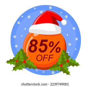Christmas special sale tag with 85% eighty five percent off, vector illustration, ball ornament.
