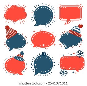 Christmas speech bubble with greeting quotes: merry christmas, happy holidays, santa's here etc.Christmas and New year stickers with a wish.