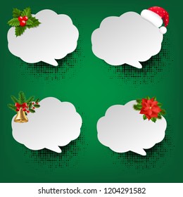 Christmas Speech Bubble Set Green Background With Gradient Mesh, Vector Illustration