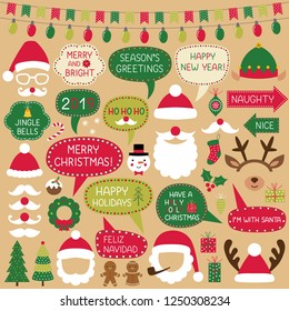 Christmas speech bubbles, Santa Claus hats and decoration, vector photo booth props