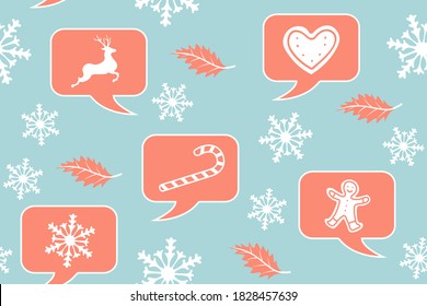 Christmas speech bubbles seamless pattern. Repetitive vector illustration of snow flakes, leaves and red speech bubbles about Christmas topics. Christmas pattern, wrapping, texture, holiday chat.EPS10