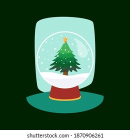 Christmas sphere with pine and snowflakes on green background.