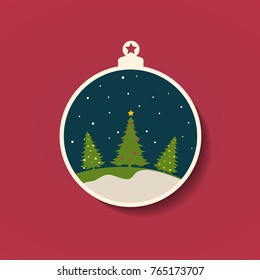 Christmas sphere with three Christmas trees and falling snow. Vector illustration.

