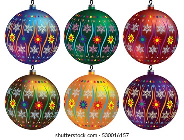 Christmas spheres with the image of snowflakes and flowers