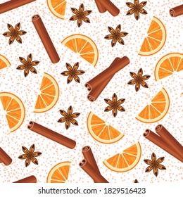 Christmas spices cinnamon, star anise and orange seamless pattern. For christmas and other design.. Stock vector illustration
