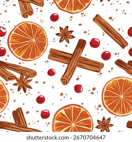 Especiarias de Natal Padrão sem emenda com fatias de laranja desidratadas, canela, oxicoco e anis de estrela - tradicional ilustração de fundo desenhada à mão de férias