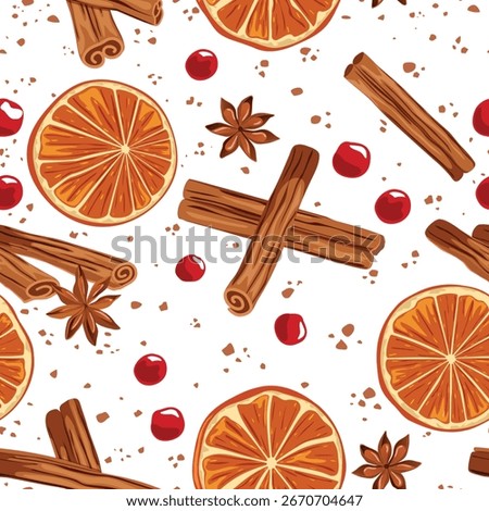 Christmas Spices Seamless Pattern with Dehydrated Orange Slices, Cinnamon, Cranberry and Star Anise - Traditional Holiday Hand Drawn Background Illustration