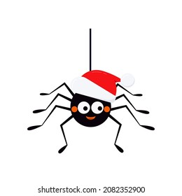 Christmas spider in santa claus hat hanging on a string of cobwebs icon isolated on white background. Cute animal character  in santa cap for x-mas party design. Flat cartoon vector illustration.