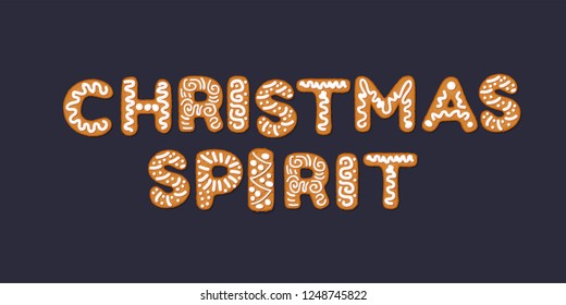 Christmas spirit concept with gingerbread cookies, covered in ice-sugar syrup, isolated on white. Christmas holiday cookie letters, cartoon vector illustration. Gingerbread new year and xmas spirit