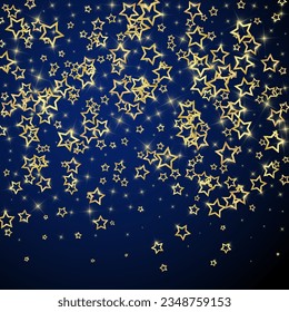 Christmas spirit. Scattered falling stars. Festive christmas confetty overlay template. Festive stars vector illustration on dark blue background.