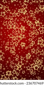 Christmas spirit. Scattered falling stars. Festive christmas confetty overlay template. Festive stars vector illustration on red background.