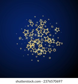 Christmas spirit. Scattered falling stars. Festive christmas confetty overlay template. Festive stars vector illustration on dark blue background.