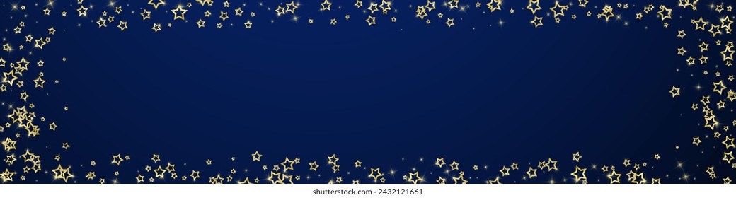 Christmas spirit. Scattered falling stars. Festive christmas confetty overlay template. Festive stars vector illustration on dark blue background.