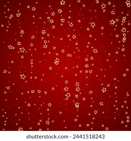 Christmas spirit. Scattered falling stars. Festive christmas confetty overlay template. Festive stars vector illustration on red background.