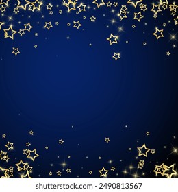 Christmas spirit. Scattered falling stars. Festive christmas confetty overlay template. Festive stars vector illustration on dark blue background.