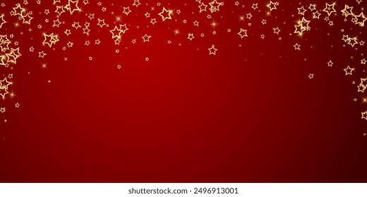 Christmas spirit. Scattered falling stars. Festive christmas confetty overlay template. Festive stars vector illustration on red background.