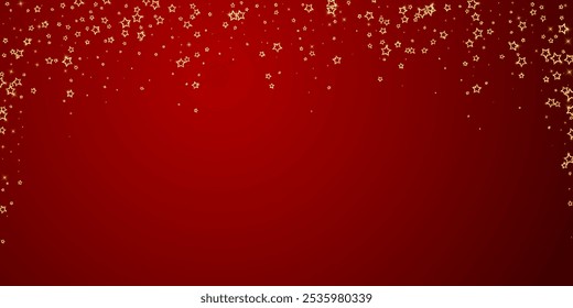 Christmas spirit. Scattered falling stars. Festive christmas confetty overlay template. Festive stars vector illustration on red background.