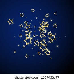 Christmas spirit. Scattered falling stars. Festive christmas confetty overlay template. Festive stars vector illustration on dark blue background.