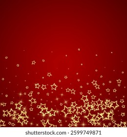 Christmas spirit. Scattered falling stars. Festive christmas confetty overlay template. Festive stars vector illustration on red background.