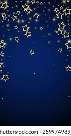 Christmas spirit. Scattered falling stars. Festive christmas confetty overlay template. Festive stars vector illustration on dark blue background.