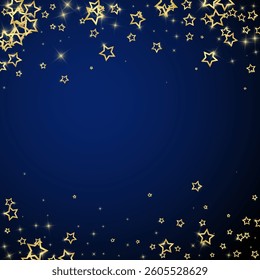 Christmas spirit. Scattered falling stars. Festive christmas confetty overlay template. Festive stars vector illustration on dark blue background.