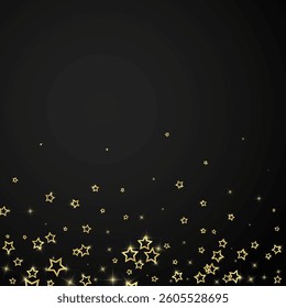 Christmas spirit. Scattered falling stars. Festive christmas confetty overlay template. Festive stars vector illustration on black background.