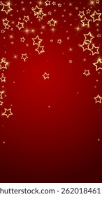 Christmas spirit. Scattered falling stars. Festive christmas confetty overlay template. Festive stars vector illustration on red background.