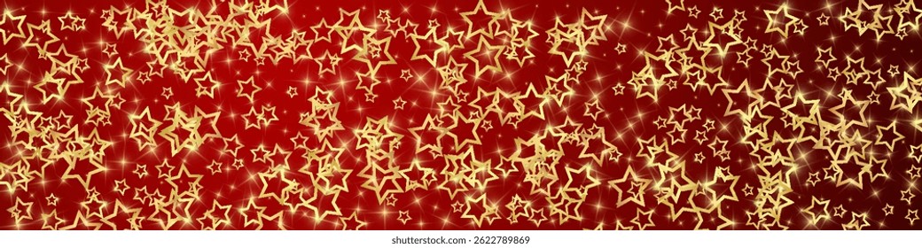 Christmas spirit. Scattered falling stars. Festive christmas confetty overlay template. Festive stars vector illustration on red background.