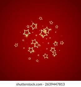 Christmas spirit. Scattered falling stars. Festive christmas confetty overlay template. Festive stars vector illustration on red background.