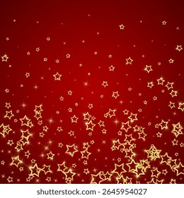 Christmas spirit. Scattered falling stars. Festive christmas confetty overlay template. Festive stars vector illustration on red background.