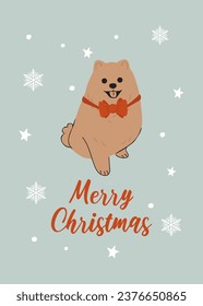 Christmas spitz in hand drawn style. Greeting text Merry Christmas. Beautiful illustration for greeting cards, posters and seasonal design.