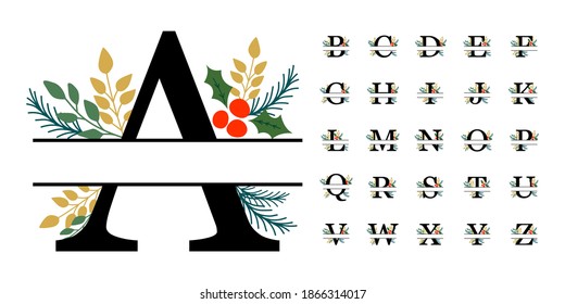 Christmas Split Monogram Alphabet, Florals, Vector Illustration