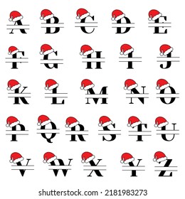 Monogramas de Navidad divididos. Juego de letras con sombreros de santa. Monogramas personalizados para los saludos de Navidad o Año Nuevo.