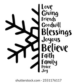 Christmas split Snowflake vector sign, Merry Christmas clip art, Blessed Christmas design, Christian lettering vector sign