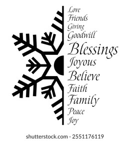 Christmas split Snowflake vector sign, Merry Christmas clip art, Blessed Christmas design, Christian lettering vector sign