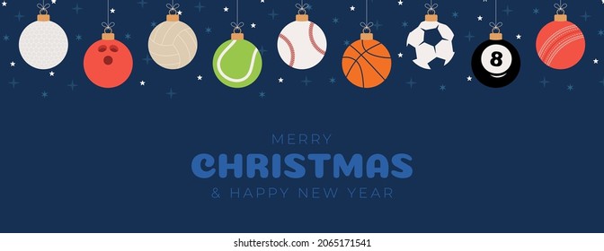 Christmas sport greeting card. Flat style Christmas card with sport baseball, basketball, football, tennis, cricket, soccer, volleyball, bowling, billiard balls hang on a thread. Vector illustration.