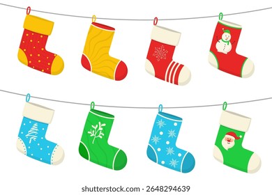 Christmas sport icon vector. Winter pattern with cartoon socks and snow. New year tree design for celebration. Cozy textile gift illustration. Cute knitted foot symbol hanging for joy.
