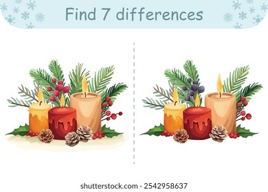 Jogo de Natal para crianças com velas e ramos de abeto, perfeito para atividades festivas pré-escolares.