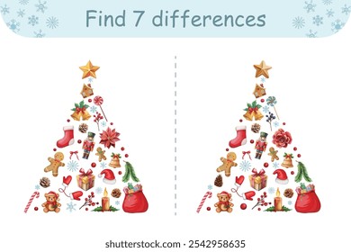 Christmas spot-the-difference game for kids featuring a festive winter tree, fun preschool activity with seasonal elements.