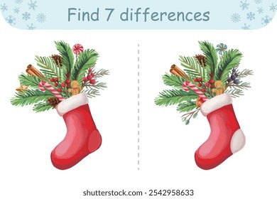 Juego de Navidades spot-the-difference para niños con calcetín rojo festivo y ramas de abeto, ideal para actividades preescolares.