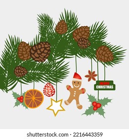 Christmas Spruce Branch with Hanging Fancy Decorations Gingerbread Men, Holly leaves, Pine Cone, Star anise, Dry Orange, Star. Christmas Elements. Website Christmas, Background or Banner 