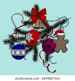 Navidades rama de abeto con las decoraciones. Ilustración vectorial en estilo de grabado vintage de color