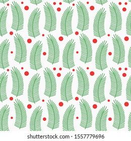 Christmas spruce branches and red berries seamless pattern. Vector illustration.