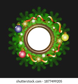 Christmas spruce branches wreath frame  with colored balls, snowflakes and red ribbons. Dark background. Vector illustration